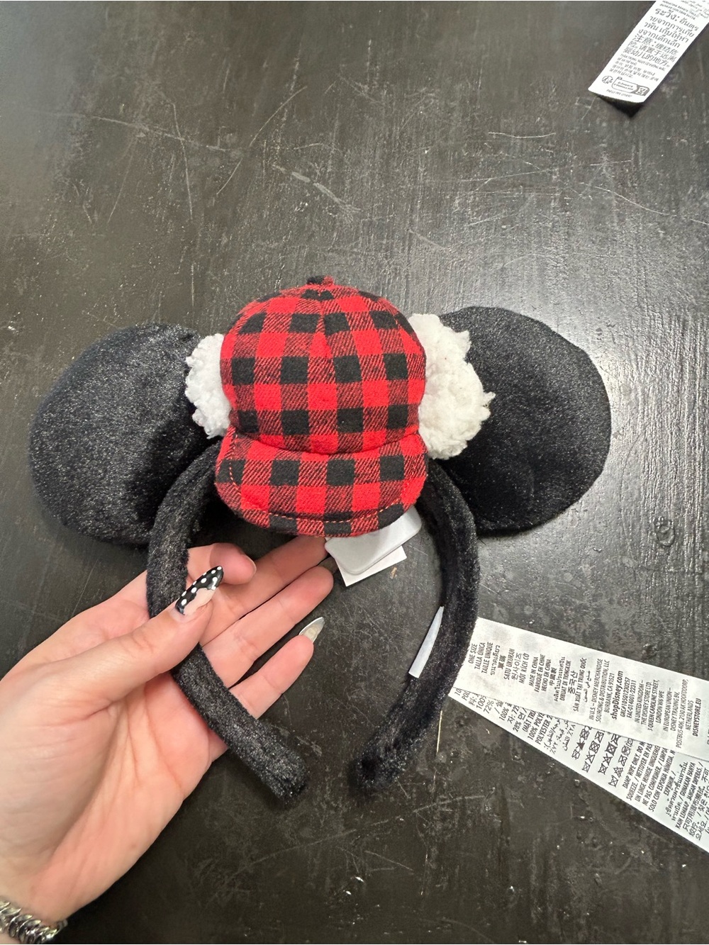 Plush Black Ear Headband with Red Buffalo Plaid Cap
